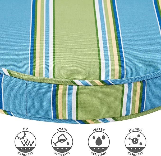 Set of 2 Outdoor 18 inch Round Patio Dining Chair Pads – Comfortable Fiber-Filled Seat Cushions with Ties, Reversible Polyester Fabric - Cayman Stripe