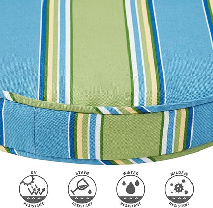 Set of 2 Outdoor 18 inch Round Patio Dining Chair Pads – Comfortable Fiber-Filled Seat Cushions with Ties, Reversible Polyester Fabric - Cayman Stripe