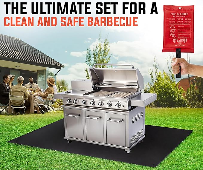 Under Grill Fire Pit Mats for Outdoor Grill Deck Protector - Black Under BBQ Grill Mat w/Fire Blanket & Corner Weights, Double-Sided Fireproof Design, Heat Resistance Up to 2000°F (48x90)
