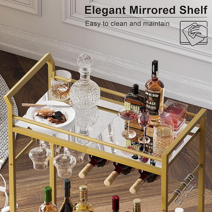 3 Tier Bar Cart, Small Beverage Cart, Mini Bar Cart with Wine Rack, Home Bar Serving Cart with Wheels for Dining Living Room (Gold, Mirrored) GBC106GU