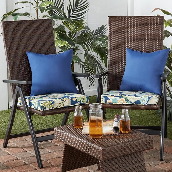 Outdoor 18 inch Square Patio Dining Chair Pads – Comfortable Fiber-Filled Seat Cushions with Ties, Reversible Polyester Fabric - Marlow Blue Floral, Set of 4