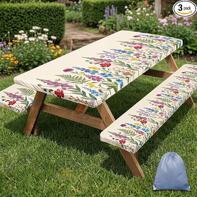 Picnic Table Cover with Bench Covers, Cottagecore Camper, 72 Inch | 3PCS Waterproof Fitted Tablecloth Elastic Edges Outdoor Camping Essentials with Drawstring Bag
