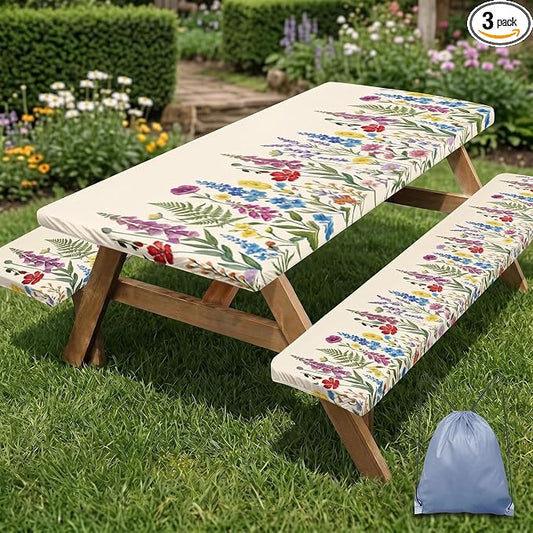 Picnic Table Cover with Bench Covers, Cottagecore Camper, 72 Inch | 3PCS Waterproof Fitted Tablecloth Elastic Edges Outdoor Camping Essentials with Drawstring Bag