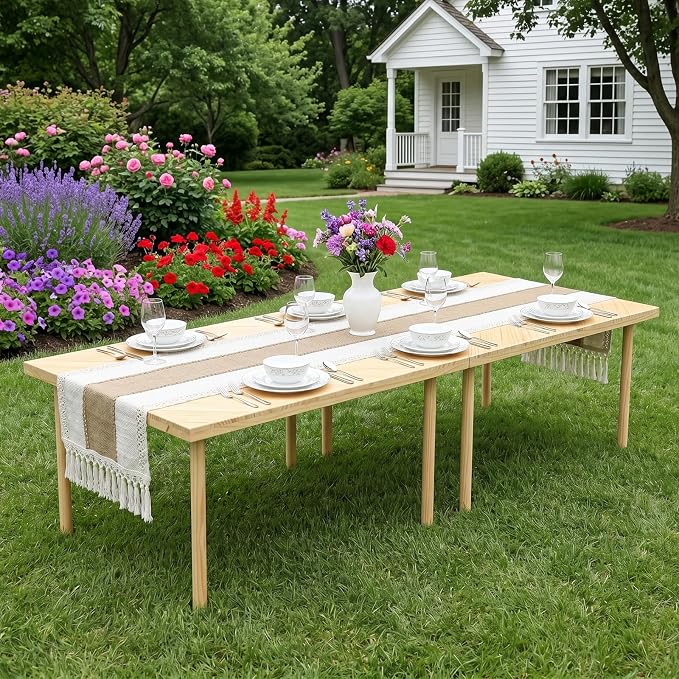 60"x30" Portable Boho Wooden Low Folding Picnic Table for Indoor Outdoor | Comes with Table Runner, Stable 8-leg Support & Thickened Structure, Thick Painted Tabletop Easy to Wipe, Fits 4-6 People