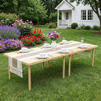 60"x30" Portable Boho Wooden Low Folding Picnic Table for Indoor Outdoor | Comes with Table Runner, Stable 8-leg Support & Thickened Structure, Thick Painted Tabletop Easy to Wipe, Fits 4-6 People
