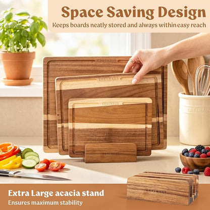 Acacia Wood Cutting Boards for Kitchen Set of 3, Double sided | Non Toxic Wooden Chopping Boards: Cut on One Side, Serve on the Other, large kitchen boards for charcuterie