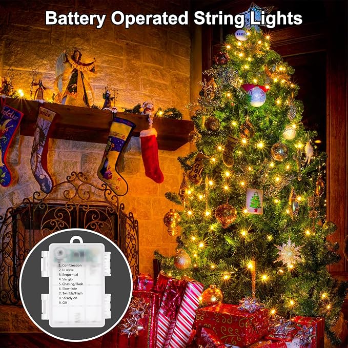 2Pack Christmas Lights Outdoor Battery Operated String Lights with Remote, Total 400LED 135Ft with Timer 8 Modes Waterproof Outdoor Indoor for Christmas Tree Decor, Warm White