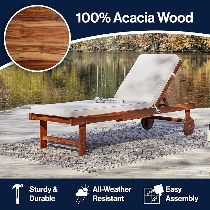 JONATHAN Y Seabrook 23.62" x 68.9" Acacia Wood Outdoor Chaise, Light Brown | 5-Position Adjustable Back, Ivory Polyester Cushion, Pull-Out Side Table, Built-In Wheels, 600lb Capacity, Modern Coastal
