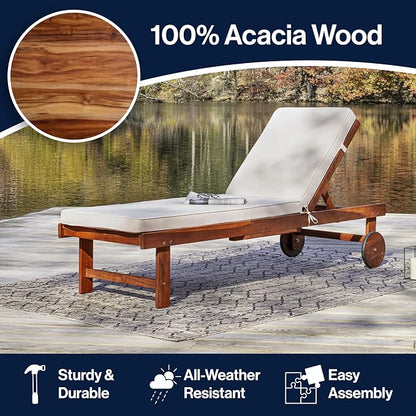 JONATHAN Y Seabrook 23.62" x 68.9" Acacia Wood Outdoor Chaise, Light Brown | 5-Position Adjustable Back, Ivory Polyester Cushion, Pull-Out Side Table, Built-In Wheels, 600lb Capacity, Modern Coastal
