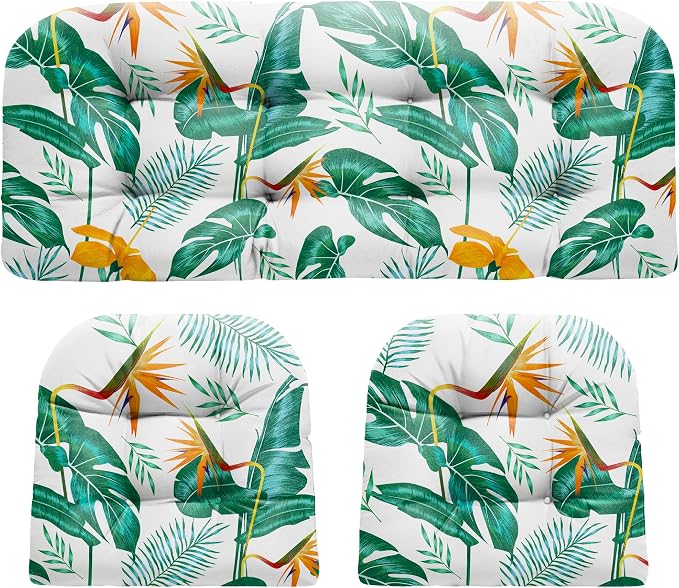 DANGHOOGY Wicker Chair Cushions, Waterproof Outdoor Loveseat Cushions for Patio Furniture, Tufted Wicker Furniture Cushions, 1 Loveseat and 2 U-Shaped Cushions (Yellow Leaf)