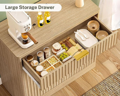 TEENFON 63" Fluted Buffet Sideboard Cabinet with Storage, Buffet Table Coffee Bar Wine Bar Storage Cabinet with Adjustable Shelf for Living Room, Kitchen, Natural