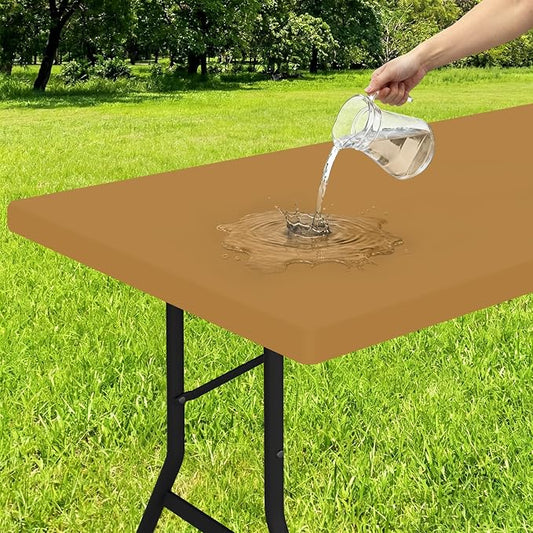 Smiry Rectangle Tablecloth, Elastic Fitted Flannel Backed Vinyl Tablecloths for 8ft Folding Tables, Waterproof Wipeable Table Covers for Indoor, Outdoor, Picnic and Camping (Camel, 30"x96")