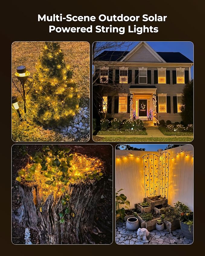 Solar String Lights, 4 Packs Total 132Ft 400 LED Fairy Lights Warm White | IP65 Waterproof Twinkle Lights with 8 Modes, Patio Lights for Tree Outside Patio Yard Party Wedding Christmas Decoration