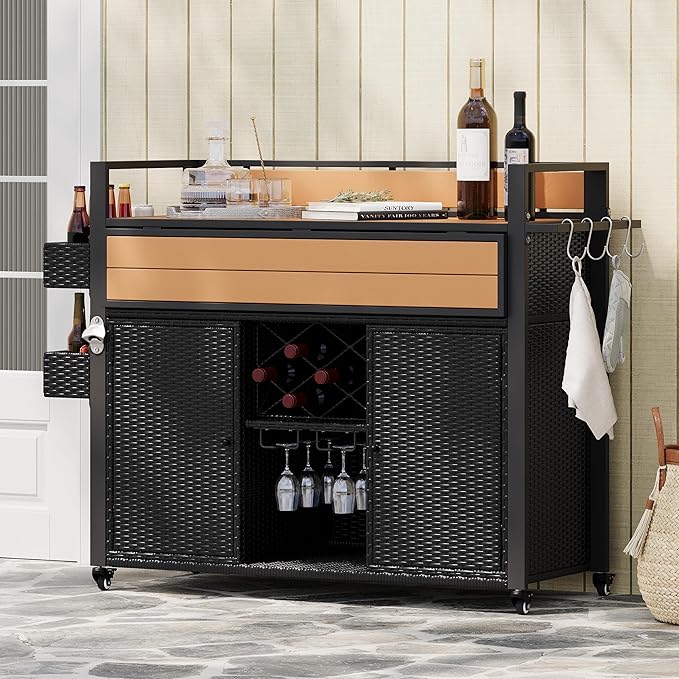 RUNNA Wicker Outdoor Grill Cart with Extended Plastic Wood Table Top, Rolling Kitchen Island on Wheels with Storage Cabinet, for Patio Backyard Garden Poolside, Double Handle Design (Black Brown@047)