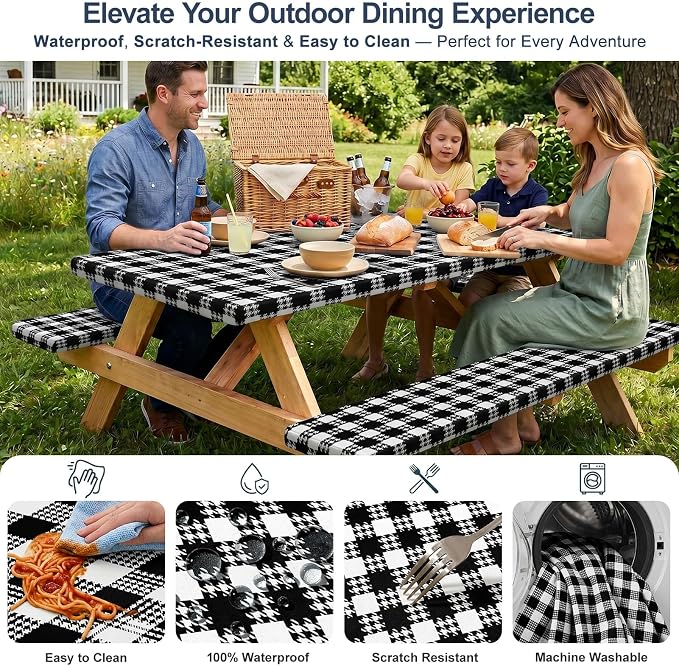 Picnic Table Cover with Bench Covers Windproof Waterproof Picnic Table Covers Camping Tablecloth with Self-Storage Bag, 72in, Black White