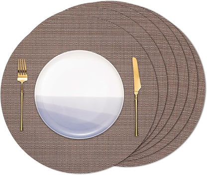 Round Placemats Set of 6 Heat Resistant Vinyl Placemats 15 inch Washable Non-Slip Table Mats Woven Place Mats for Dining Table (Coffee, Set of 6)