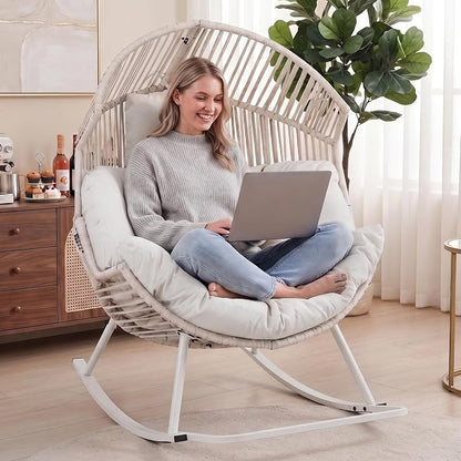Shintenchi Egg Chair Outdoor, Oversized Outdoor Indoor Wicker Rocking Chair, Large PE Rattan Egg Rocking Chair with Cushion for Patio, Balcony, Backyard, Garden, White