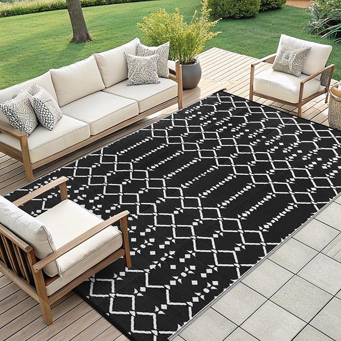 Smiry Outdoor Rug 9x12 ft Waterproof Reversible Boho Mat, Black | Polypropylene Plastic Straw, Quick Drying, Lightweight Foldable, for Patio, Deck, RV Camping, Backyard and Indoor Outdoor Use