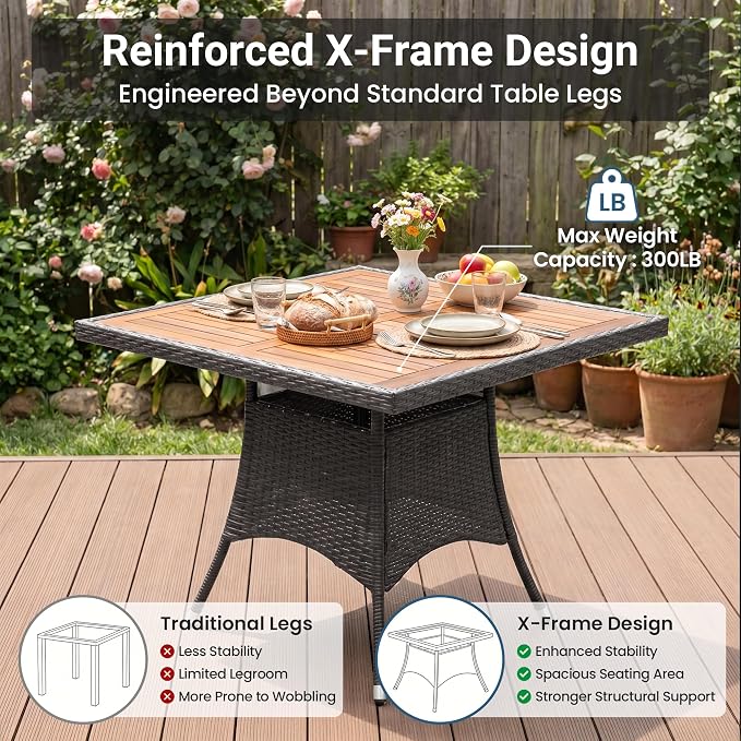 Wisteria Lane 5-Pieces Patio Table and Chairs Set, Rattan Patio Table Set with Acacia Wood Tabletop, Patio Outdoor Dining Set for 4, Patio Furniture Set with Cushions for Deck Garden Backyard, Grey