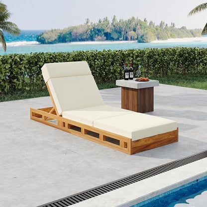 Merax Patio Chaise Lounge with Adjustable Backrest & Cushion, Acacia Wood Recliner Chair with Teak Finish for Backyard Pool Garden