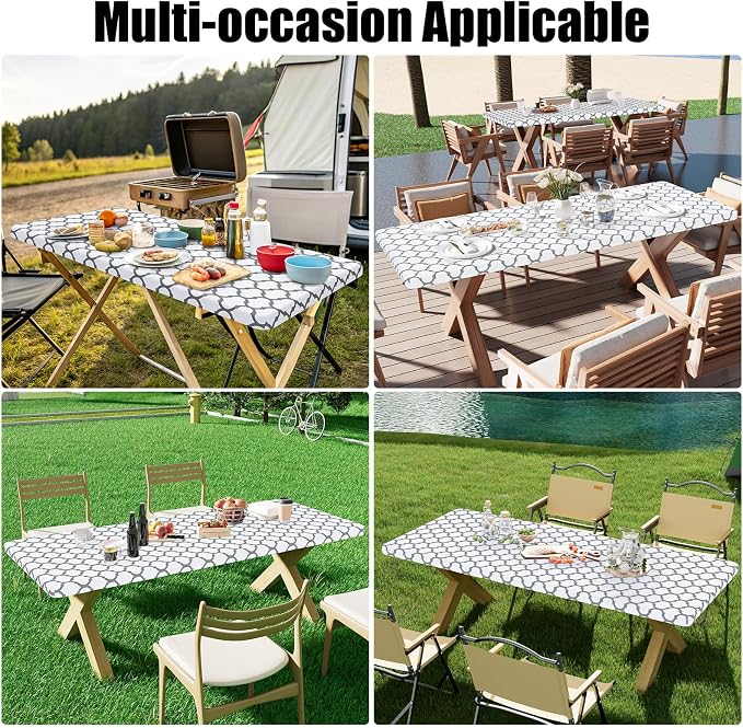 Smiry 2 Pack Rectangle Table Cloth 5 Foot, Waterproof Elastic Fitted Tablecloths, Windproof Washable Polyester Table Cover for Picnic, Camping, Outdoor (White, 30"x60")