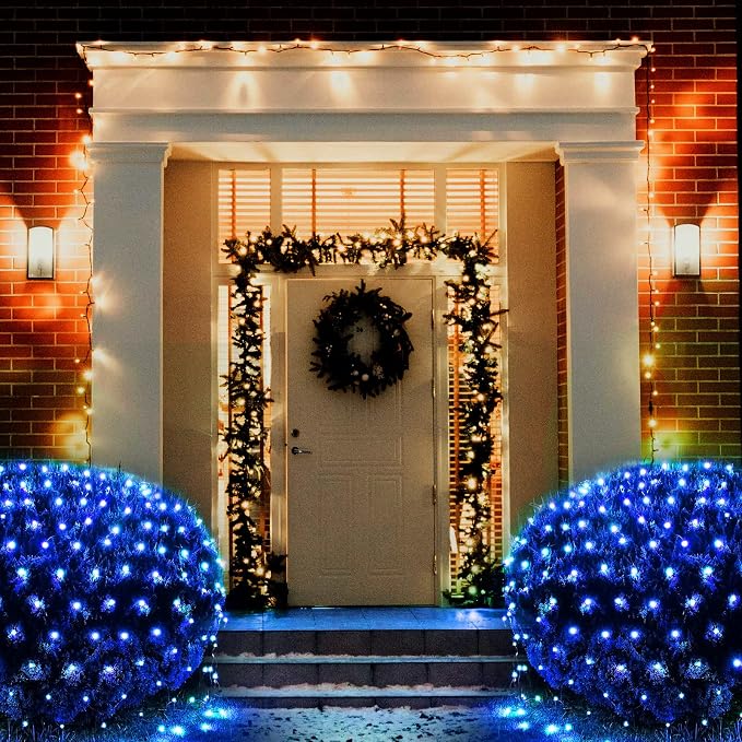Pooqla Blue Net Lights, 21x 5ft Christmas Bush Lights Outdoor Green Wire | 360 LED Large Net Mesh Lights Plug in, 8 Modes Waterproof Connectable Bushes Lights for Halloween Hedge Yard Decor