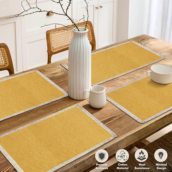 Hausattire Cotton Frayed Placemats Set of 4 Dining Table 13x19 Inch | Rustic Vintage Boho Washable Easter Placemat for Outdoor Parties BBQ's Wedding,Special Occasions, Nubby Cotton - Yellow