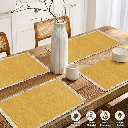 Hausattire Cotton Frayed Placemats Set of 4 Dining Table 13x19 Inch | Rustic Vintage Boho Washable Easter Placemat for Outdoor Parties BBQ's Wedding,Special Occasions, Nubby Cotton - Yellow