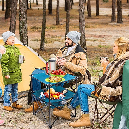 Folding Camping Table, Portable Outdoor Picnic Table, Lightweight Square Camp Table with Built-in 4 Cup Holders Food Basket and Travel Bag for Barbeque Beach Camping and Tailgate Blue