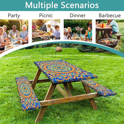 Fitted Picnic Table Cover with Bench Covers,Blue Bohemian Waterproof Elastic Edges Rectangle Patio Tablecloth Outdoor Camping Essentials Stuff Rv Accessories Summer Travel Trip Camper Gifts