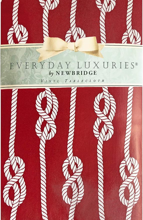 Newbridge Rectangle Vinyl Tablecloth with Flannel Backing, Red Nautical Rope Stripe, 60 x 84 Inch, Coastal Striped Indoor Outdoor Wipe Clean Picnic, BBQ and Dining Table Cover