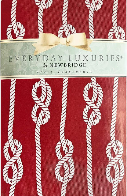 Newbridge Rectangle Vinyl Tablecloth with Flannel Backing, Red Nautical Rope Stripe, 60 x 84 Inch, Coastal Striped Indoor Outdoor Wipe Clean Picnic, BBQ and Dining Table Cover