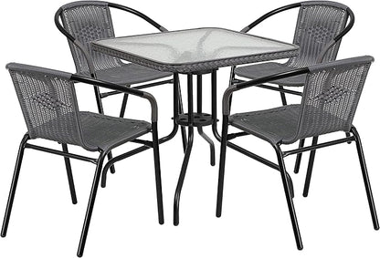 Flash Furniture 5-Piece 28" Square Indoor/Outdoor Patio Table and Chairs Set, Glass Metal Bistro Table and 4 Stacking Rattan Chairs, Gray