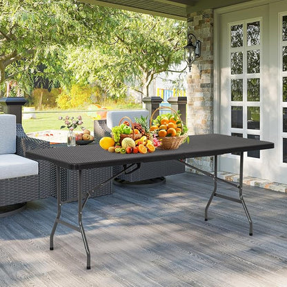 PayLessHere 6ft Folding Tables,Plastic Resin Table with Collapsible Alloy Steel Frame,Plastic Table for Indoor,Outdoor,Camping,BBQ,Picnic,Black Ratten
