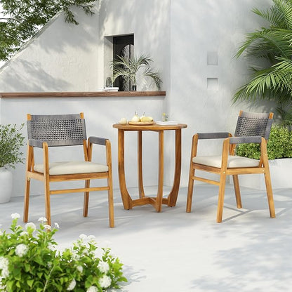 Christopher Knight Home Zed 3 Pieces Outdoor Dining Set, Acacia Wood Dining Chairs and Table, Slats Panel Design Round Table, Wooden Frame, 2 Seater Bistro Set for Balcony Backyard Garden, Teak+Grey