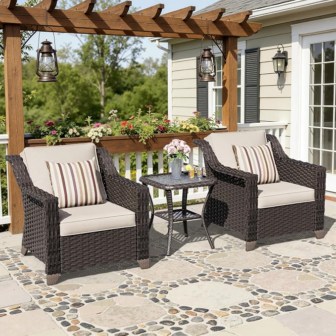 3 Piece Patio Furniture Set, Wicker Outdoor Conversation Set | Patio Chair Set with Olefin Removable Cushion, All-Weather Armchair Set with Deep Seat for Porch, Deck and Backyard, Beige