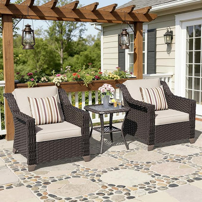 3 Piece Patio Furniture Set, Wicker Outdoor Conversation Set | Patio Chair Set with Olefin Removable Cushion, All-Weather Armchair Set with Deep Seat for Porch, Deck and Backyard, Beige
