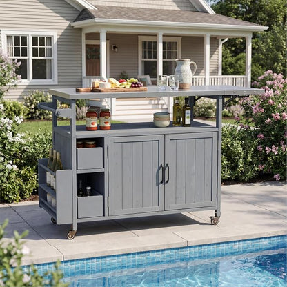Christopher Knight Home Edsel Outdoor Bar Cart with Stainless Steel Top and Lockable Wheels, Solid Wood Outdoor Storage Cabinet, Kitchen Island Serving Cart for Poolside, Garden, Blue Gray