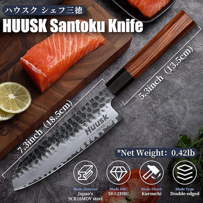 Huusk Japanese Santoku Knife - 7 Inch Kitchen Chef Knives, Hand Forged High Carbon Steel Vegetable & Meat Knife, Ergonomic Rosewood Handle with Gift Box, Multipurpose Cooking Knives