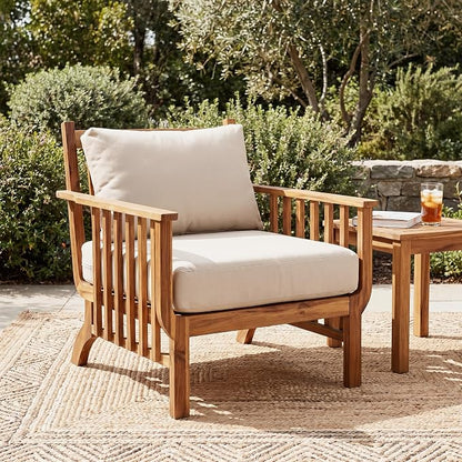 Christopher Knight Home Acacia Wood Outdoor Patio Club Chair, Mid Century Modern Lounge Chair with Armrests, Cushions & Back Pillow, Deep Seating Accent Chairs for Porch Balcony Garden, Natural+Beige