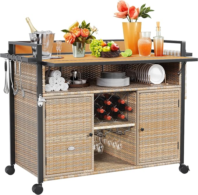 YITAHOME XL Outdoor Kitchen Wicker Island Rolling Cart Bar Table & Storage | Wheels and Plastic Wood Extended Table Top, Double Handle for Patio Kitchen or Bar Cart,Light Yellow Gradient