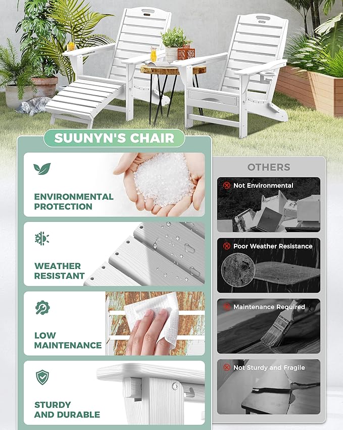 Adjustable Adirondack Chairs Set of 6 with Retractable Ottoman, HDPE Folding Adirondack Chair with Cup Holders, Weather Resistant for Backyard, Poolside & Fire Pit (White)