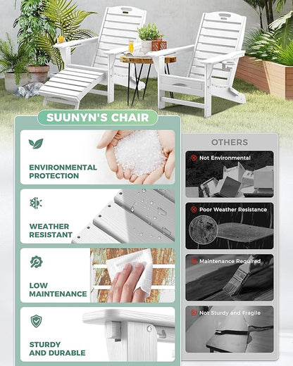 Adjustable Adirondack Chairs Set of 6 with Retractable Ottoman, HDPE Folding Adirondack Chair with Cup Holders, Weather Resistant for Backyard, Poolside & Fire Pit (White)
