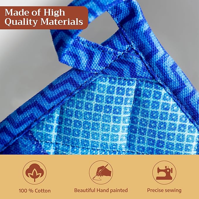 Maison d' Hermine 100% Cotton Oven Mitt & Pot Holder Set (7.5"x13" & 8"x8") Heat Resistant BBQ Cooking Gloves with Loop Baking Grilling Kitchen Hotel Home Farmhouse Spring Summer (Indigo Love)