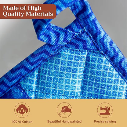 Maison d' Hermine 100% Cotton Oven Mitt & Pot Holder Set (7.5"x13" & 8"x8") Heat Resistant BBQ Cooking Gloves with Loop Baking Grilling Kitchen Hotel Home Farmhouse Spring Summer (Indigo Love)