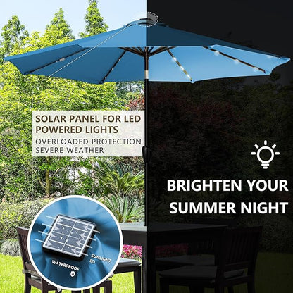 9' Round Patio Umbrella with 32 Solar Powered LED Lights, Push-Button Tilt and Hand Crank Lift, Solar Umbrella in Teal for Porch, Deck, and Patio by Sun-Ray