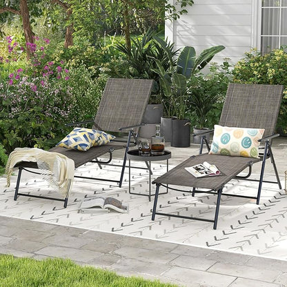 Giantex Lounge Chair Outdoor Set of 2 - Tanning Chair with 6 Adjustable Backrest, 2-Level Footrest, Folding Sunbathing Lounger for Patio, Poolside, Yard, Chaise Lounge Chair, Beach Chair (Brown)
