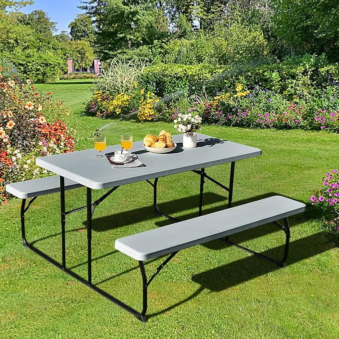 Goplus Foldable Picnic Table with Benches, Rectangular Camping Table Set with Metal Frame, Folding Indoor Outdoor Dining Table Set for Garden, Patio, Backyard (Grey)
