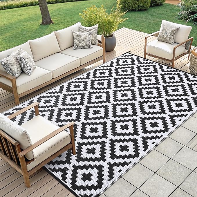 Smiry Outdoor Rug 9x12 ft Waterproof Reversible Boho Mat, Black & White | Polypropylene Plastic Straw, Quick Drying, Lightweight Foldable, for Patio, Deck, RV Camping, Backyard and Indoor Outdoor Use