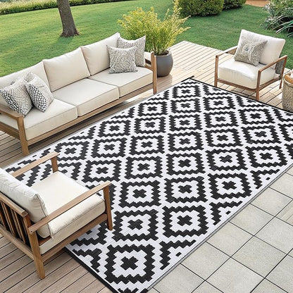 Smiry Outdoor Rug 9x12 ft Waterproof Reversible Boho Mat, Black & White | Polypropylene Plastic Straw, Quick Drying, Lightweight Foldable, for Patio, Deck, RV Camping, Backyard and Indoor Outdoor Use